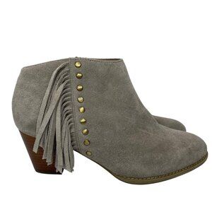 VIONIC Faros Greige Tan Suede Fringe Studded Round tow block heel ankle boot sz8